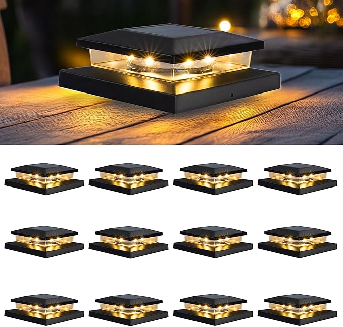 Warm White Solar Fence Post Caps 12-Pack, Fence LED