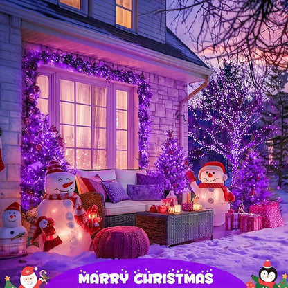JMEXSUSS Purple Christmas Lights Battery Operated, 2 Pack 100 LED Outdoor Purple String Lights Waterproof, Each 33 FT Christmas Tree Light Indoor for Halloween Decorations Party Porch Garden Decor