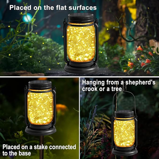 4 Pack Hanging Solar Lantern Lights,Vintage Glass Mason Jar Solar Fairy Lights, Birthday Mothers Day Gifts for Woman Mom Grandmom,Outdoor Decorative Waterproof Table Lamp for Yard Lawn Tree