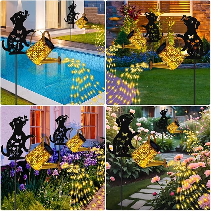 Christma Gifts Solar Lights Outdoor Decorative, Watering Can with Cascading Lights, with Dog Silhouette Garden Stakes, Gifts for Mom Women, Waterproof Metal Garden Decor for Yard Art, Outside(1 Pack)