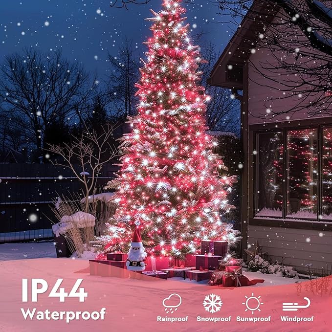 Joomer Battery Christmas Lights, 66ft 200LED Fairy Lights Battery Operated Timer 8 Modes Waterproof for Outdoor Home Garden Party Holiday Christmas Trees Decoration (Red White)