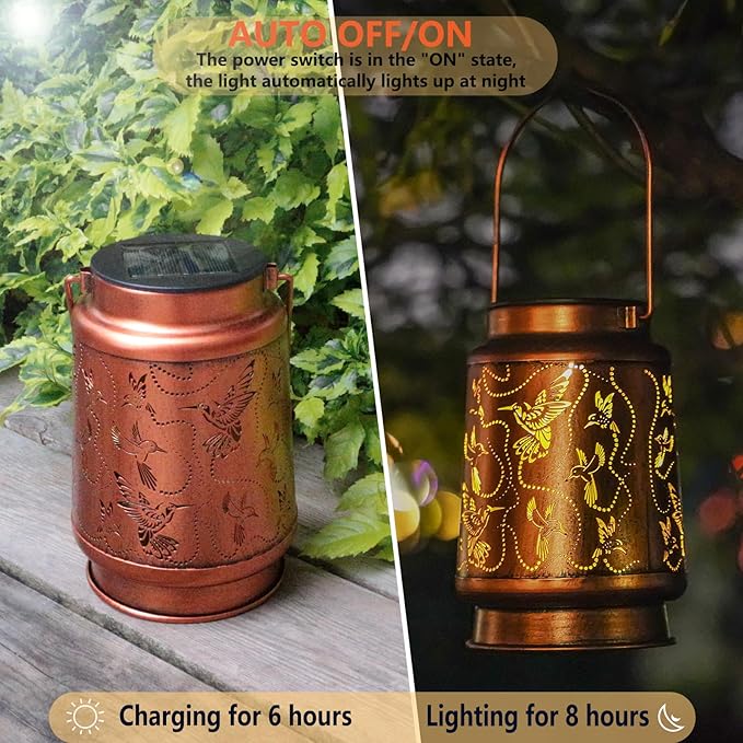 2-Pack Metal Hummingbird Solar Lanterns for Outdoor, Waterproof LED