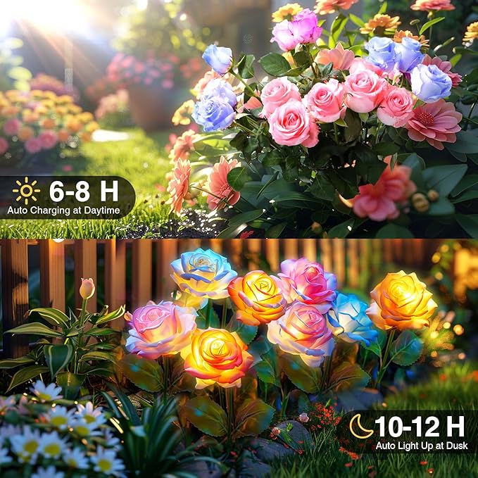 6-Pack Solar Flowers Outdoor Waterproof - Solar Garden Lights with Rose, Solar Flower Lights for Outside Yard Decorations Outdoor
