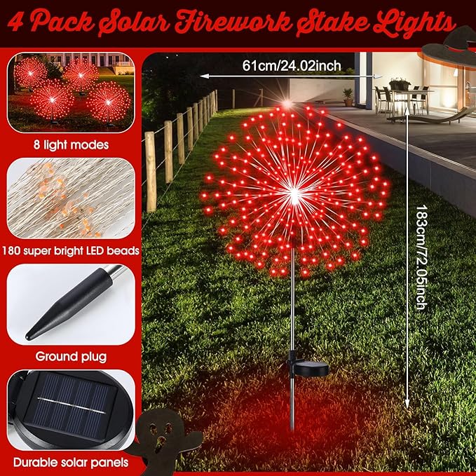 6 Pcs Christmas Solar Firework Stake Lights 180 LED 8 Modes Solar Waterproof LED Sparkler Lights Outdoor Decoration for 4th of July, Xmas Holiday Garden Patio Yard Pathway Walkway, Red