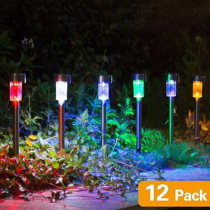 Solar Lights Outdoor - Garden Landscape Pathway Lights for Lawn Patio - Stainless Steel, 12 Pack (6 Colors)