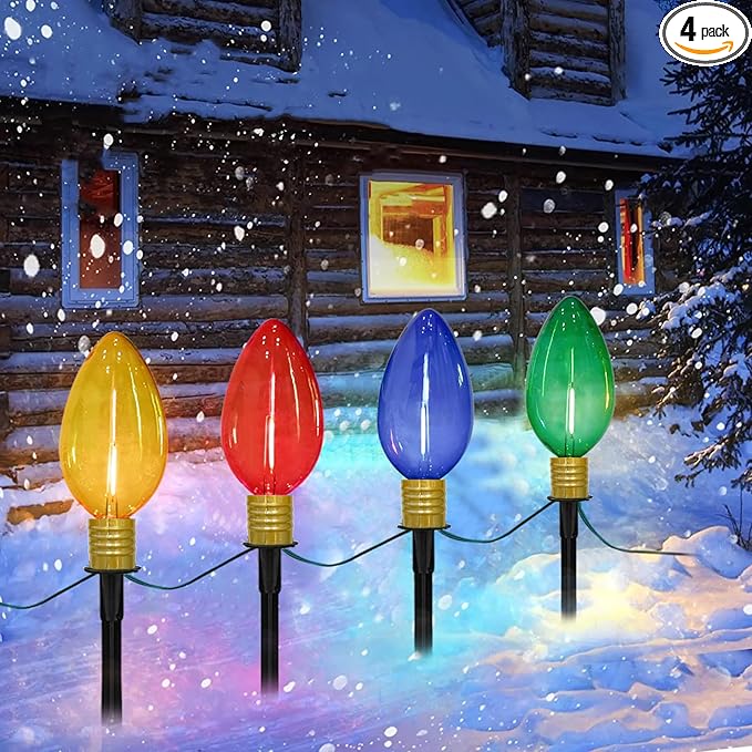 C9 Christmas Multicolor Pathway Lights, 7Ft Outdoor Christmas Pathway Markers Stakes Lights with 4 Jumbo C9 Multicolor LED Bulbs, Connectable Xmas Walkway Light for Driveway Yard Lawn Garden