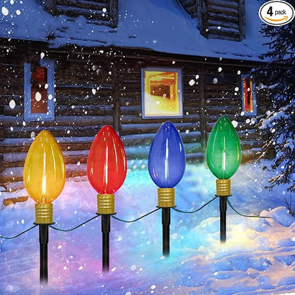 C9 Christmas Multicolor Pathway Lights, 7Ft Outdoor Christmas Pathway Markers Stakes Lights with 4 Jumbo C9 Multicolor LED Bulbs, Connectable Xmas Walkway Light for Driveway Yard Lawn Garden