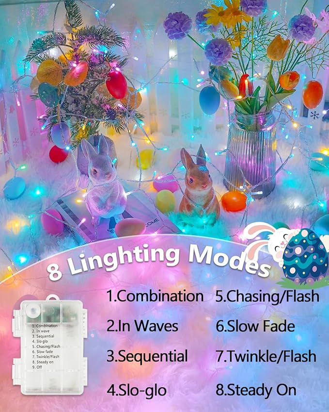 Easter Lights Battery Operated Twinkle Lights, 2 Pack 66FT 200LED Multicolor easter String Lights, 8 Modes Waterproof Pastel Light Indoor Outdoor, Fairy Lights for Room Garden Party Easter Decorations