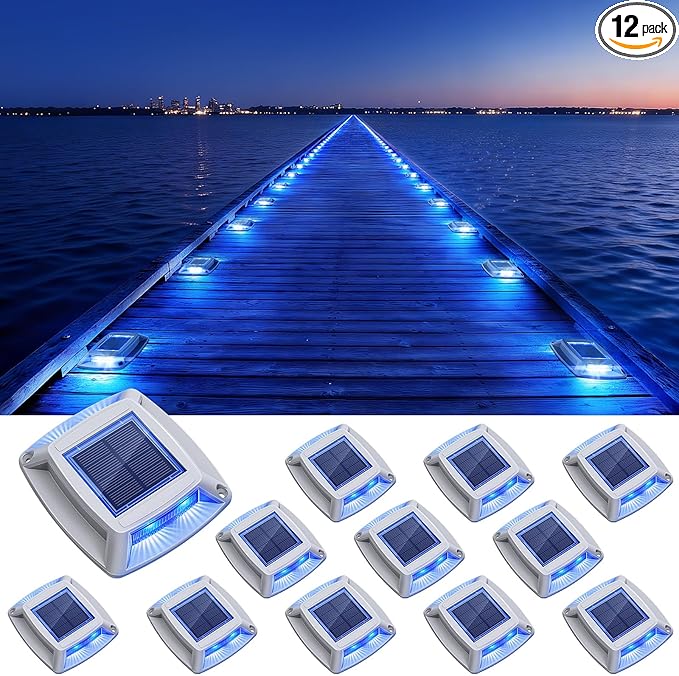 Solar Driveway Lights Outdoor 12 Pack, IP68 Waterproof Solar Powered Driveway Marker Deck Dock Lights for Steps Pathway Walkway Sidewalk Garden Yard Stair Marine (Blue)