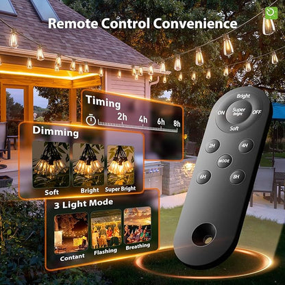 KYY 54FT Solar String Lights Outdoor Waterproof with USB Charging & Remote, Dimmable & Timable, Solar Powered Patio Lights with LED Shatterproof Bulbs for Deck Backyard Porch Garden Camping