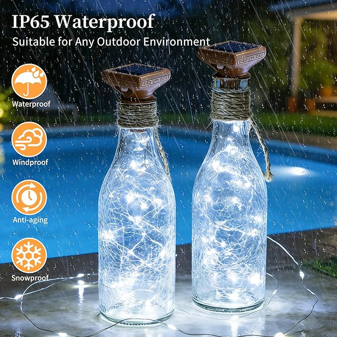 VOOKRY 8 Pack Solar Powered Wine Bottle Lights, 20 LED Waterproof Outdoor Solar Fairy String Cork Lights for Wedding,Christmas,Birthday,Halloween,Garden,Patio,Tabletop,Indoor Decor (Cool White)