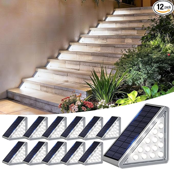 Grey Solar Step Light Outdoor Stair Lights, Deck Lights Outdoor Powered IP65 Waterproof, 6500K Cool White Solar Outdoor Step Light, Decor for Stair, Deck, Step,Porch and Outside Patio, 12 Pack