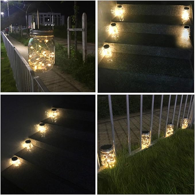 Solar Mason Jar Lights, 4 Pack 30 LEDs Waterproof Fairy Firefly String Lights Build-in Glass Mason Jar, Best Patio Garden Decor Solar Hanging Lanterns Outdoor Warm White (4 Pack-Mason Jars Included)