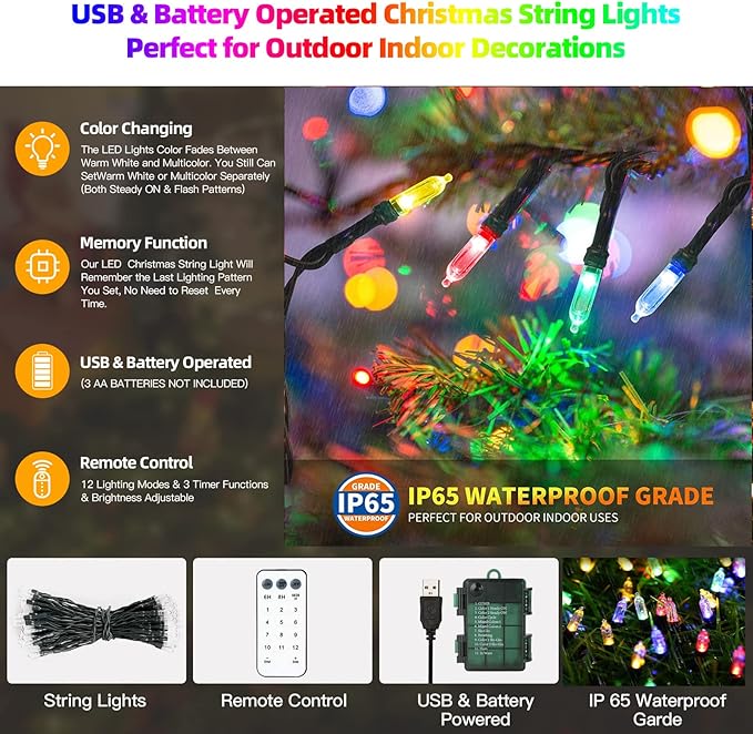 Tcamp Battery Operated Christmas Tree Lights with Remote Memory Timer Function, 33ft 100LED USB Christmas Lights 12 Lighting Modes for Christmas Outdoor Indoor Decor (Warm White to Multicolor)
