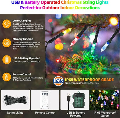 Tcamp Battery Operated Christmas Tree Lights with Remote Memory Timer Function, 33ft 100LED USB Christmas Lights 12 Lighting Modes for Christmas Outdoor Indoor Decor (Warm White to Multicolor)