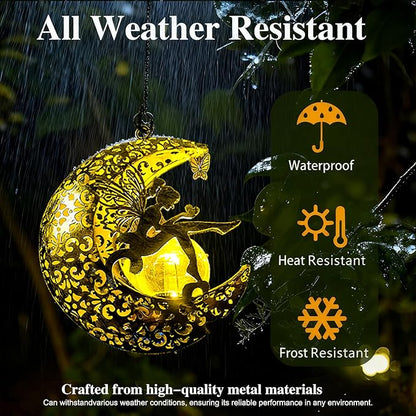 Solar Garden Fairy Statues Decor Hanging Lights,Outdoor Moon Decorations Metal Yard Art,Housewarming for Patio,Wall,Fences,Trail,Great Gift Idea for Gardening Mom and Grandma