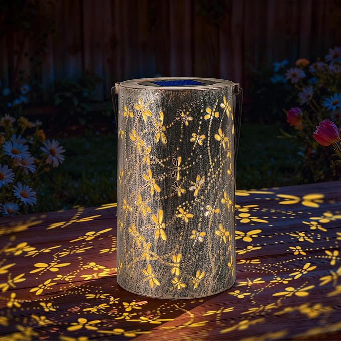 Outdoor Solar Garden Lights: Solar-Powered Yard Patio Hanging Decoration Lanterns with Handle, Outside Waterproof Decorative Lamps with Dynamic Dragonfly Pattern(Dragonfly)