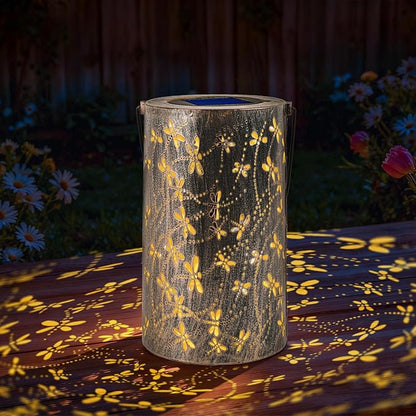 Outdoor Solar Garden Lights: Solar-Powered Yard Patio Hanging Decoration Lanterns with Handle, Outside Waterproof Decorative Lamps with Dynamic Dragonfly Pattern(Dragonfly)