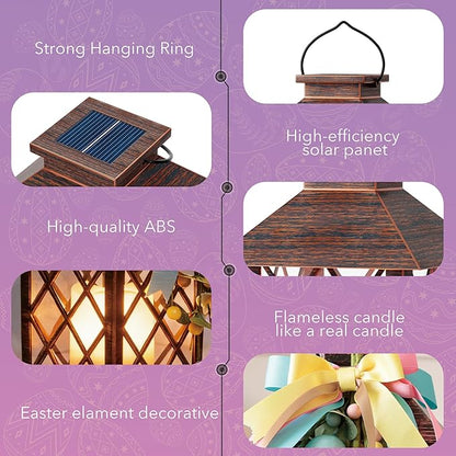 Easter Solar Lanterns Outdoor, Waterproof Garden Hanging Lanterns, 13" Outdoor Decorative Lantern with LED Flickering Flameless Candles, Easter Lantern for Porch, Yard,Patio Decor