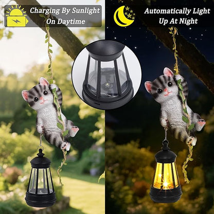 Solar Hanging Cat Statue, Outdoor Resin Black Cat Figurine with LED Lights, Kitty Animal Ornament for Garden, Fence, Porch, Patio, Yard Decor, Dusk to Dawn Auto On/Off