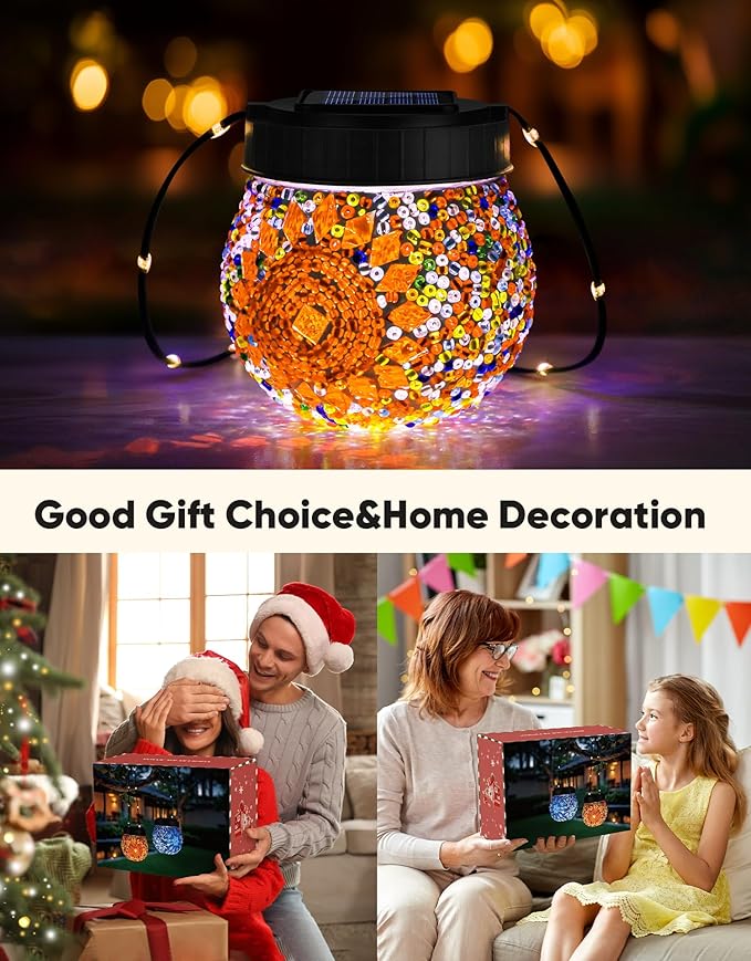 Mosaic Solar Lights Outdoor 2 Pack, Solar Hanging Lanterns Christmas Halloween Gifts for Women Mom Grandma, Waterproof Glass Globe Lights, Garden Patio Decor for Yard, Tree, Balcony, Warm