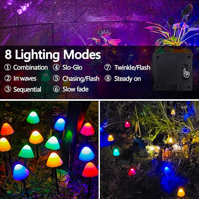 OZS 2PK 32LED 55FT Mushroom Solar Garden Lights Outdoor, Solar String Lights Waterproof with 8 Lighting Modes, Solar Garden Decor for Outside, Pathway Light for Yard Decoration (Multicolor)