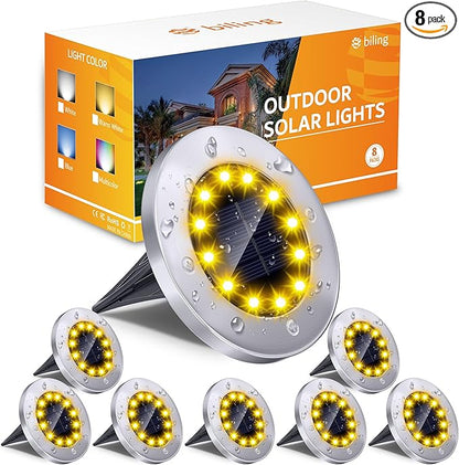 Biling Solar Ground Lights Outdoor 8 Packs, Flat Bright 12 LEDs Solar Lights Outdoor Waterproof for Yard Walkway Garden Driveway (Warm White)