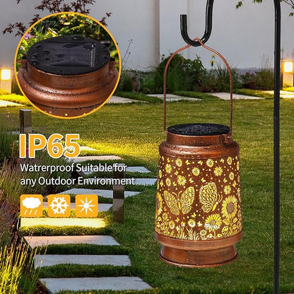 2 Pack Butterfly Solar Lanterns Outdoor Waterproof Sunflower Garden Decor Birthday Gifts for Women Mom Grandma Hanging Solar Lights Metal Lantern Decoration Outside for Porch,Patio,Yard,Backyard
