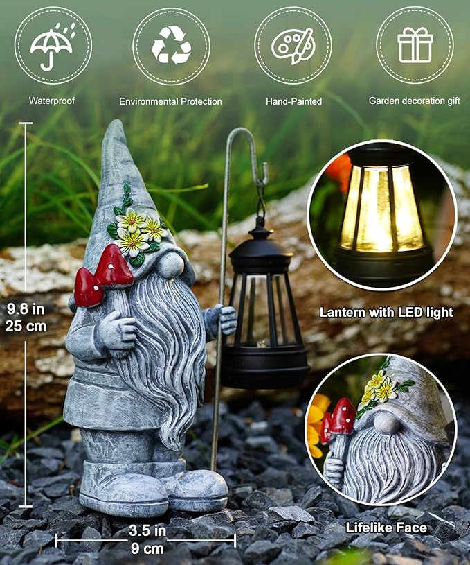 Garden Gnome Statue with Lantern: Outdoor Sculpture Decor for Home Yard Lawn Balcony Patio Porch - Mothers Day Gifts for Mom Women Grandma