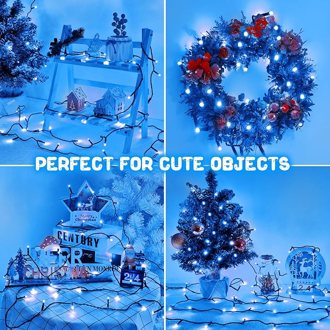 Blue Christmas Lights Outdoor Battery Operated String Lights Total 100LED 33Ft with Timer 8 Modes 16.4Ft*2 Waterproof Outdoor Indoor for Christmas Decor, Blue, 2-Pack