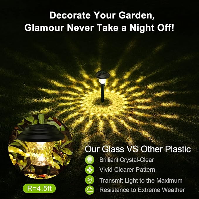Glass Solar Lights Outdoor waterproof, 2 Pack Super Bright Solar Pathway Lights, Up to 12 Hrs Long Last Auto On/Off Garden Lights Solar Powered, Stainless Steel LED Light For Yard Landscape Warm White