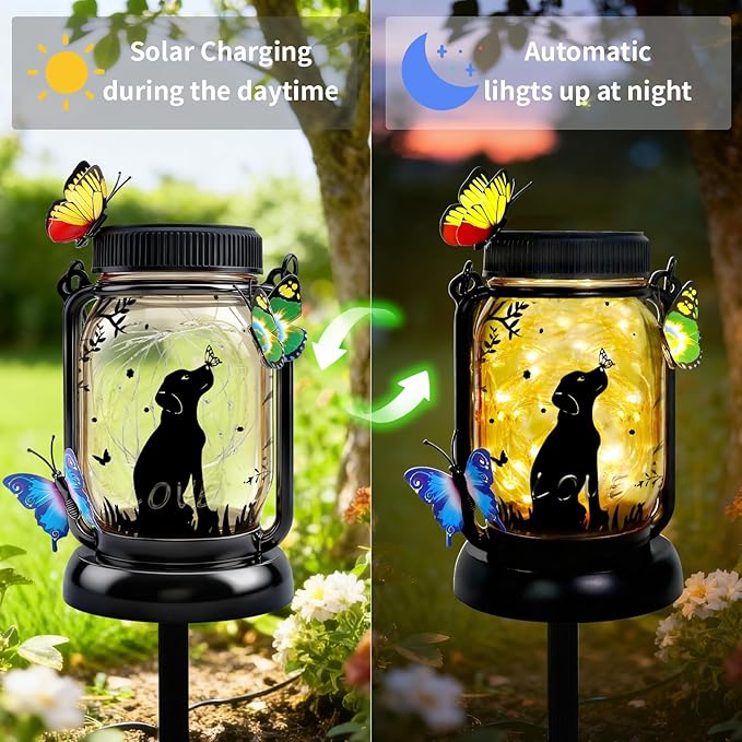 Dog Solar Lanterns Outdoor Garden Solar Dog Lights Dog & Cat Lover Gifts for Women Mom Grandma, Butterfly Fairy Lights Waterproof Hanging Mason Jar Lamps (Dog Kiss Butterfly)