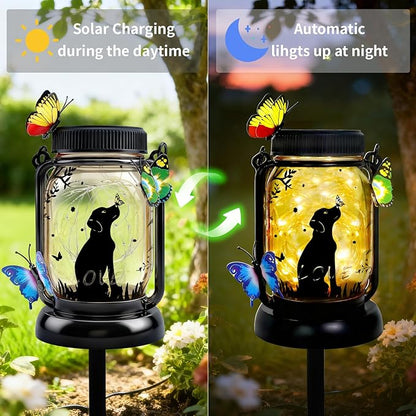 Dog Solar Lanterns Outdoor Garden Solar Dog Lights Dog & Cat Lover Gifts for Women Mom Grandma, Butterfly Fairy Lights Waterproof Hanging Mason Jar Lamps (Dog Kiss Butterfly)