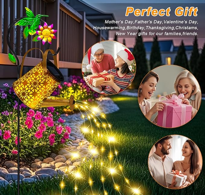 Christmas Gifts Solar Metal Watering Can with Hummingbird Shepherd Hook and Cascading Lights, Outdoor Solar Lantern for Garden, Yard, Patio Decor and Gardening Gifts for Women Mother's Day