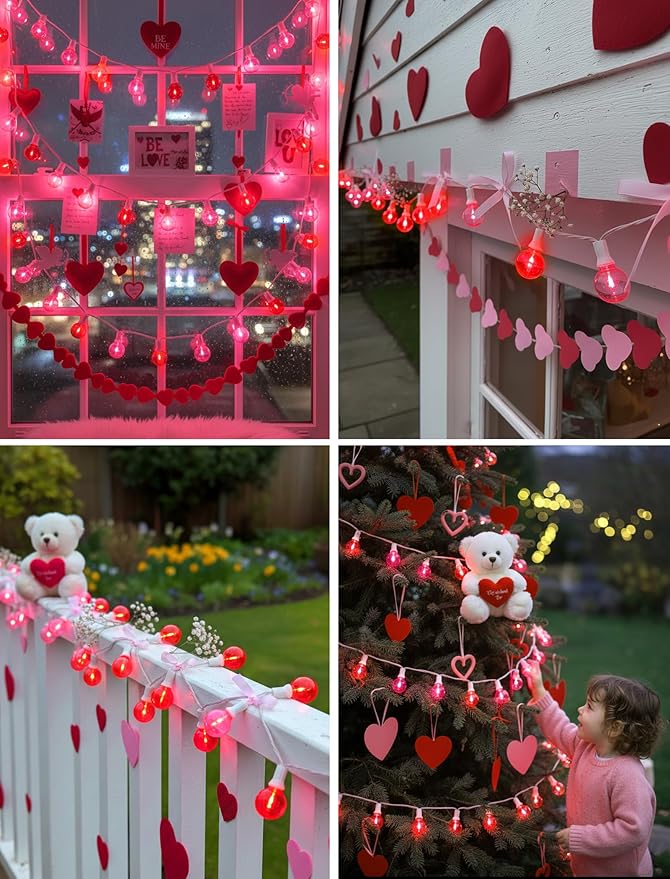 25FT G40 LED Outdoor Valentine's Day String Lights, Red and Pink Valentines Decorations Lights with 27 Shatterproof Globe Bulbs, Hanging Patio Lights for Home Balcony Backyard Garden Party Wedding