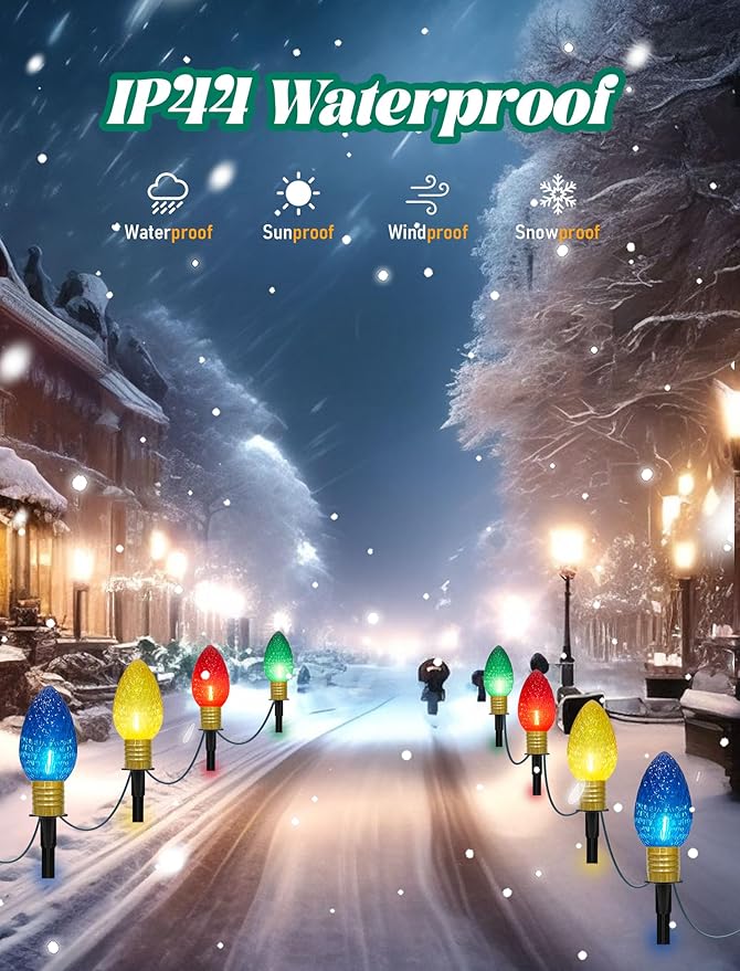 C9 Multicolor Christmas Decorations Outdoor Waterproof, 8FT Strawberry Jumbo Walkway Lights with 4 C9 LED Bulb, Connectable Marker Stakes Landscape Lights for Winter Yard Garden Lawns Xmas Holiday