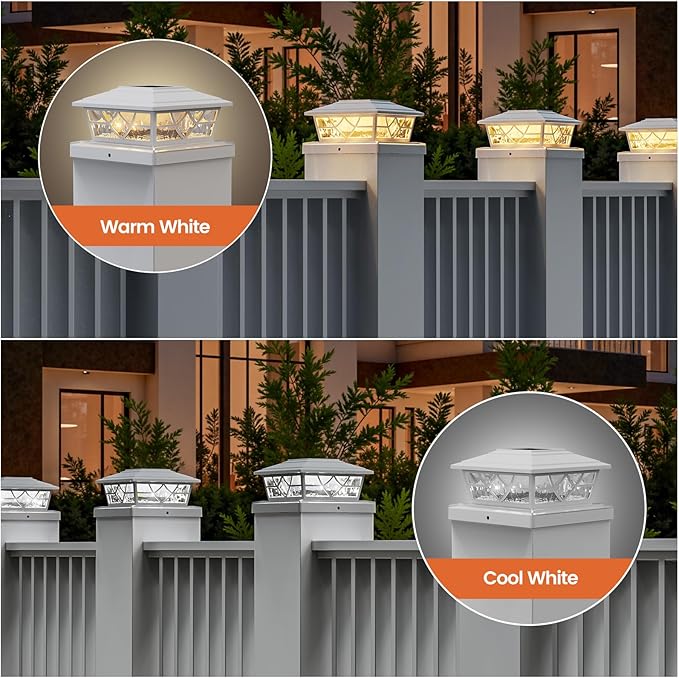 APONUO Solar Post Cap Lights 6 Pack for 4x4 5x5 6x6 Wood Vinyl Fences - Post Lights Solar Powered, IP64 Waterproof, Auto On/Off, for Deck Patio Yard (Warm & Cool White)