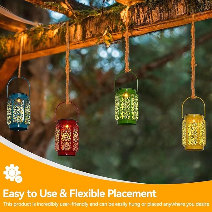Solar Lanterns Outdoor 4 Pack, IP44 Waterproof Rose Solar Lanterns Mothers Day Gifts Outdoor Lights Garden Decor, 4 Colors LED Hanging Lantern with Handle for Outside Patio Yard Table Fence