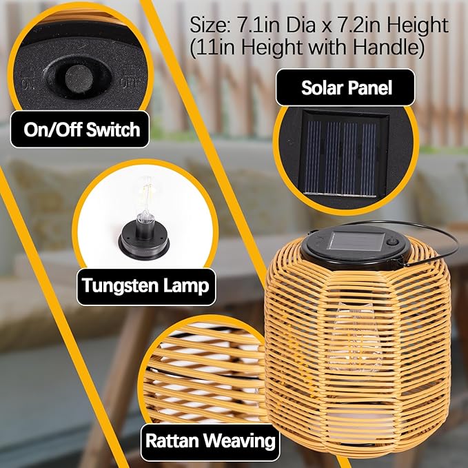 2PK Solar Lanterns Outdoor Waterproof Hanging Rattan Lantern Lights Solar Powered Decorative Table Lamp for Garden Patio Courtyard Lawn