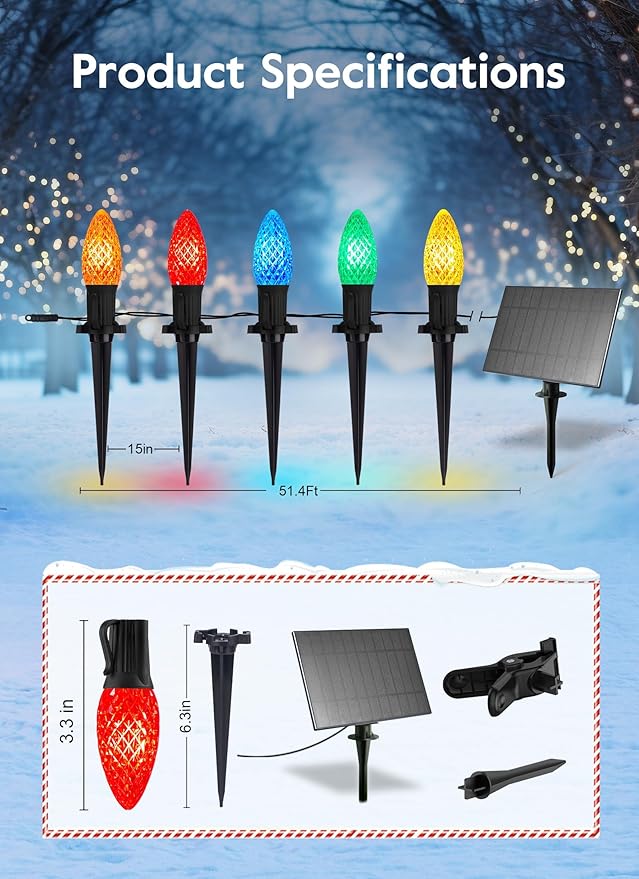Brightown Solar C9 LED Christmas Lights - 50Ft, 40 Faceted Bulbs, Waterproof Multicolor Pathway Light for Outdoor House Decorations
