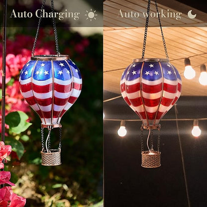 TERESA'S COLLECTIONS Hot Air Balloon Solar Lantern for Patriotic Garden Decor, 4th of July Hanging Flickering Flame Outdoor Lights for Trees, Blue&Red Memorial Day Decorations for Party Gift for Mom