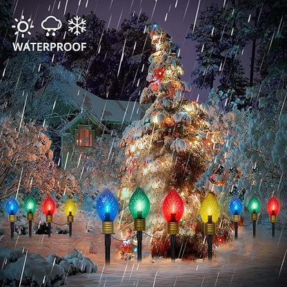 Jumbo C9 Christmas Pathway Lights Outdoor,7FT Jumbo Christmas Lights with Pathway Marker Stakes and 4 LED Diamond Pattern Multicolor Bulb for Holiday Outside Yard Garden Decor,4 Lights