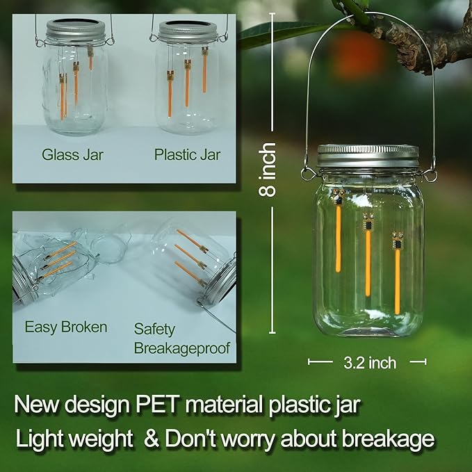 Solar Mason Jar Fairy String Lights,4-Pack(Plastic Mason Jars Include) Solar Powered Glass Outdoor Hanging Lamps Lighting,Waterproof LED Flame Dancing Lights for Garden Patio