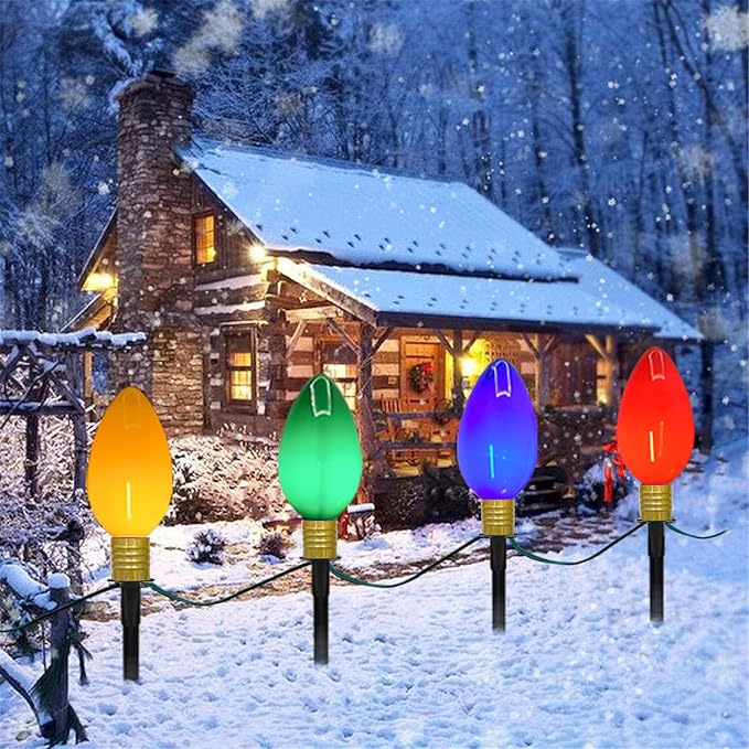 C9 Christmas Pathway Stake Lights, 7Ft String Lights with 4 Jumbo C9 Multicolor LED Bulbs, Stake, Christmas Decorations for Outdoor Garden Walkway