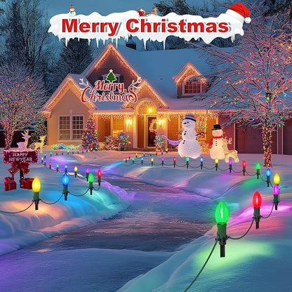 30Ft C9 Led Christmas Pathway Lights Outdoor, 20 Multicolor Bulbs Waterproof Connectable Christmas Walkway Lights with Stakes for Yard Lawn Sidewalk Driveway Decorations