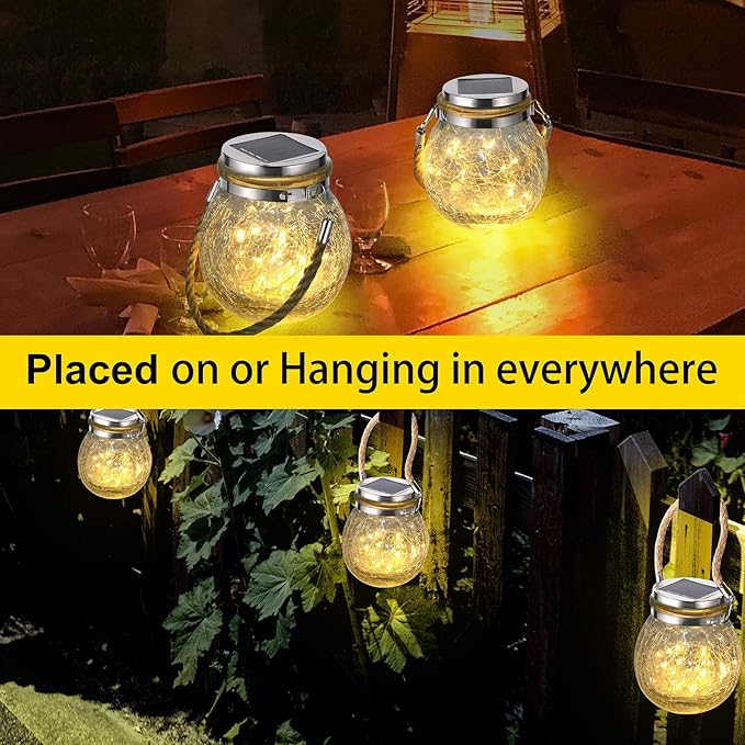 Solar Hanging Lanterns Outdoor Waterproof, Table Lamps Decorative Cracked Glass Jar 30 LED Lights for Garden Tree Court Yard Patio Pathway Christmas Day Holiday Party Decoration (1, Warm Light)