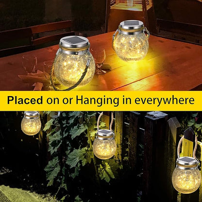 Solar Hanging Lanterns Outdoor Waterproof, Table Lamps Decorative Cracked Glass Jar 30 LED Lights for Garden Tree Court Yard Patio Pathway Christmas Day Holiday Party Decoration (1, Warm Light)