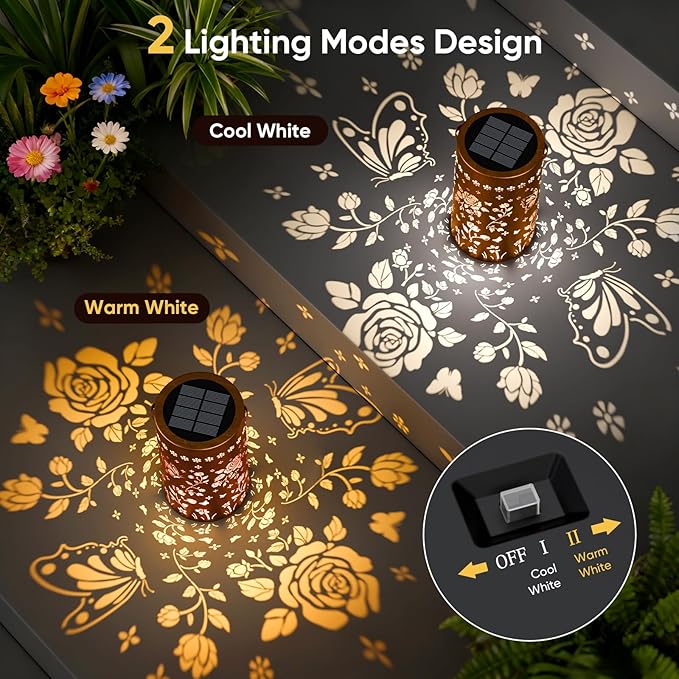 Solar Lanterns Outdoor Waterproof Hanging: 2 Pack Butterfly Rose Projection Solar Lights - Mothers Day Gifts for Women Mom Grandma - IP65 Auto On/Off Garden Decor - 800mAh 12H Glow 2 Modes