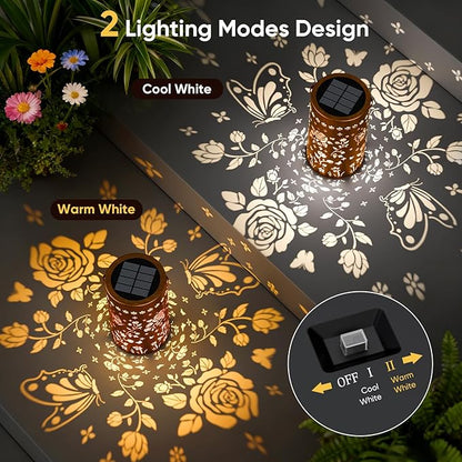 Solar Lanterns Outdoor Waterproof: 1 Pack Butterfly Rose Hollow Decorative Lantern with Handle - Warm & Cool Light Auto On/Off IP65 Waterproof - 10H Lighting Patio Decor Gift for Women