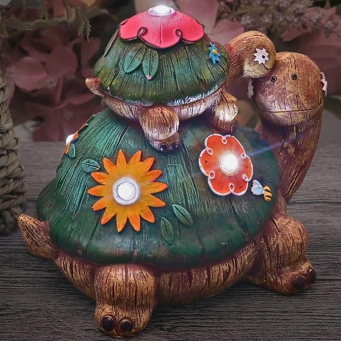 TERESA'S COLLECTIONS Garden Decor, Turtles Garden Decor, Family Tortoises with Solar Light, Waterproof Resin Garden Statue, Turtles Gifts Birthday Gifts for Women Mom
